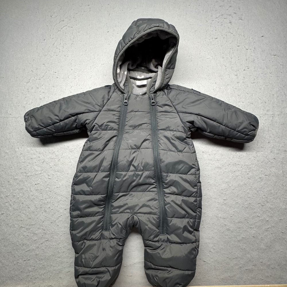 Polarn O. Pyret Snowsuit Unisex 1-2M Gray Quilted Fleece Lined Bear Puffer Pram